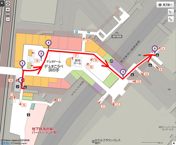 JR神戸駅からの地下経路の地図。詳細は以下