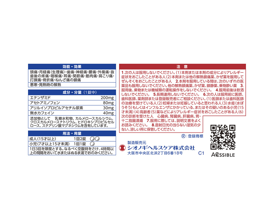 新セデス錠パッケージ裏表紙の写真、用法容量の情報が記載されており、下端にはアクセシブルコードがある